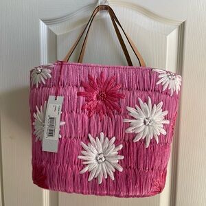 Frances Valentine Embroidered Flower Basket Straw Pink NWT